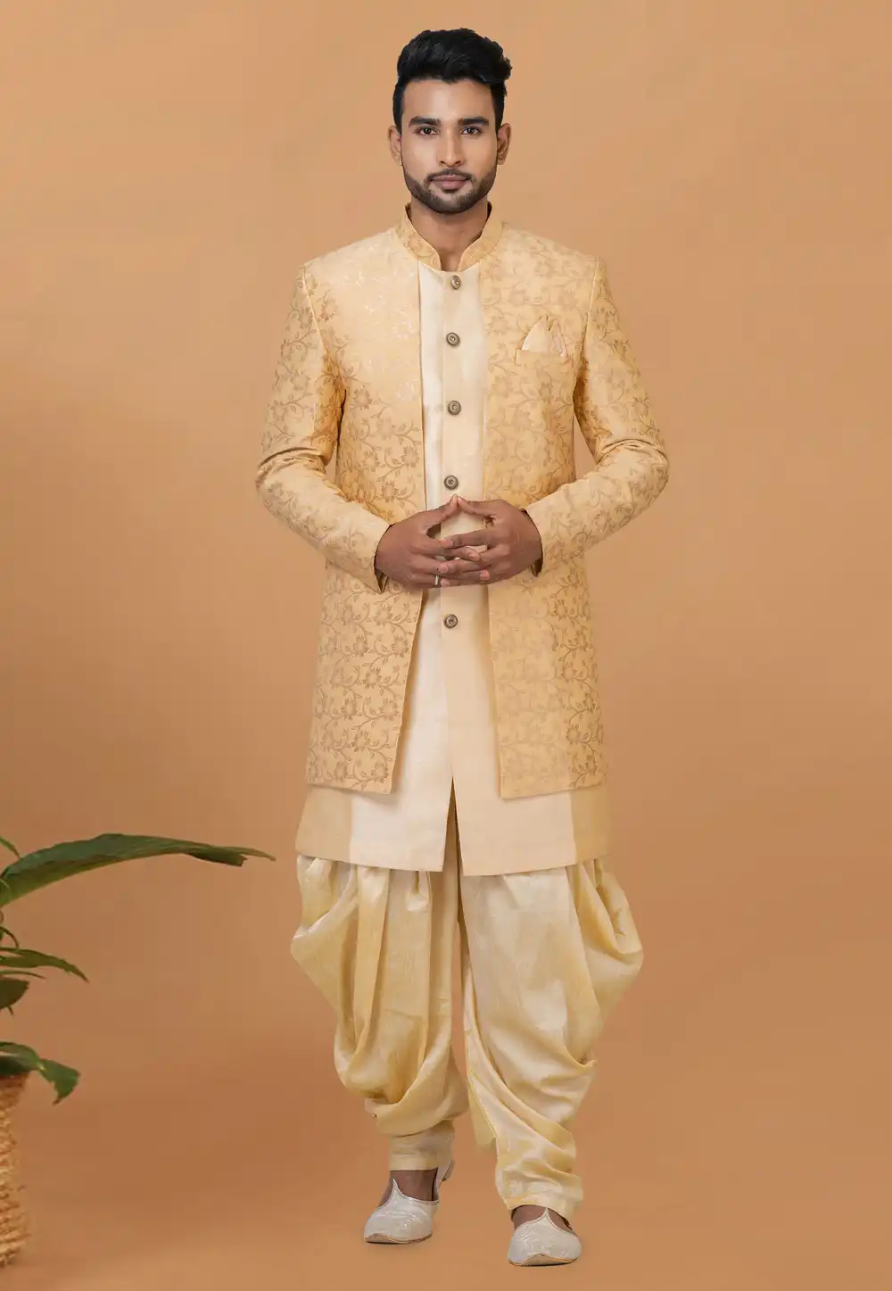 Beige Jacquard Silk Dhoti Sherwani 273080