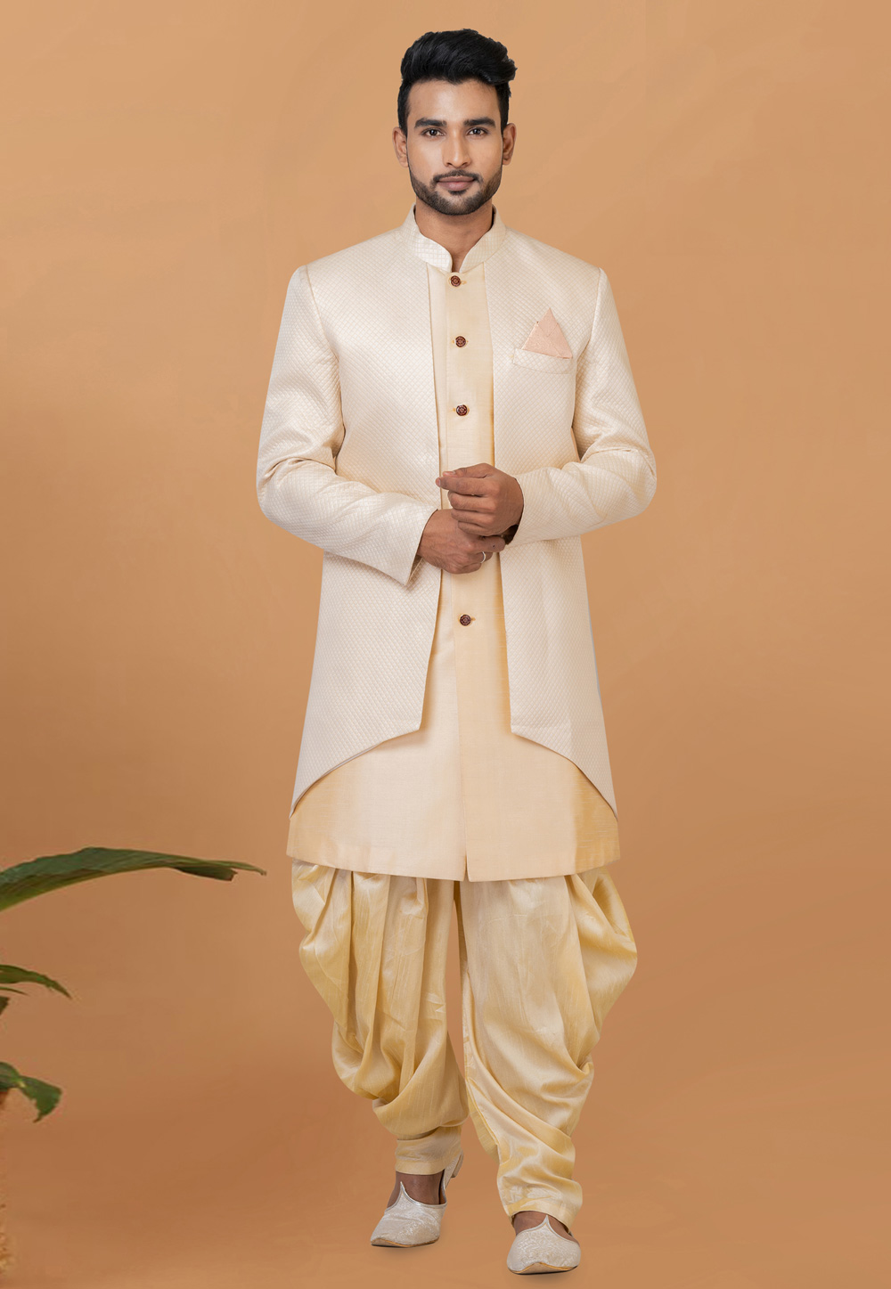 Beige Jacquard Silk Dhoti Sherwani 273081