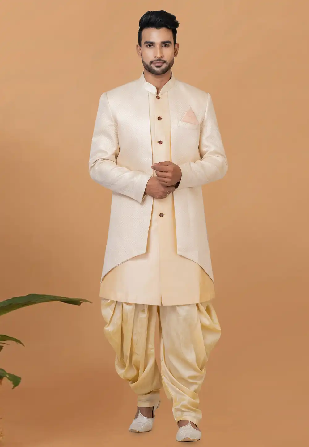 Beige Jacquard Silk Dhoti Sherwani 273081