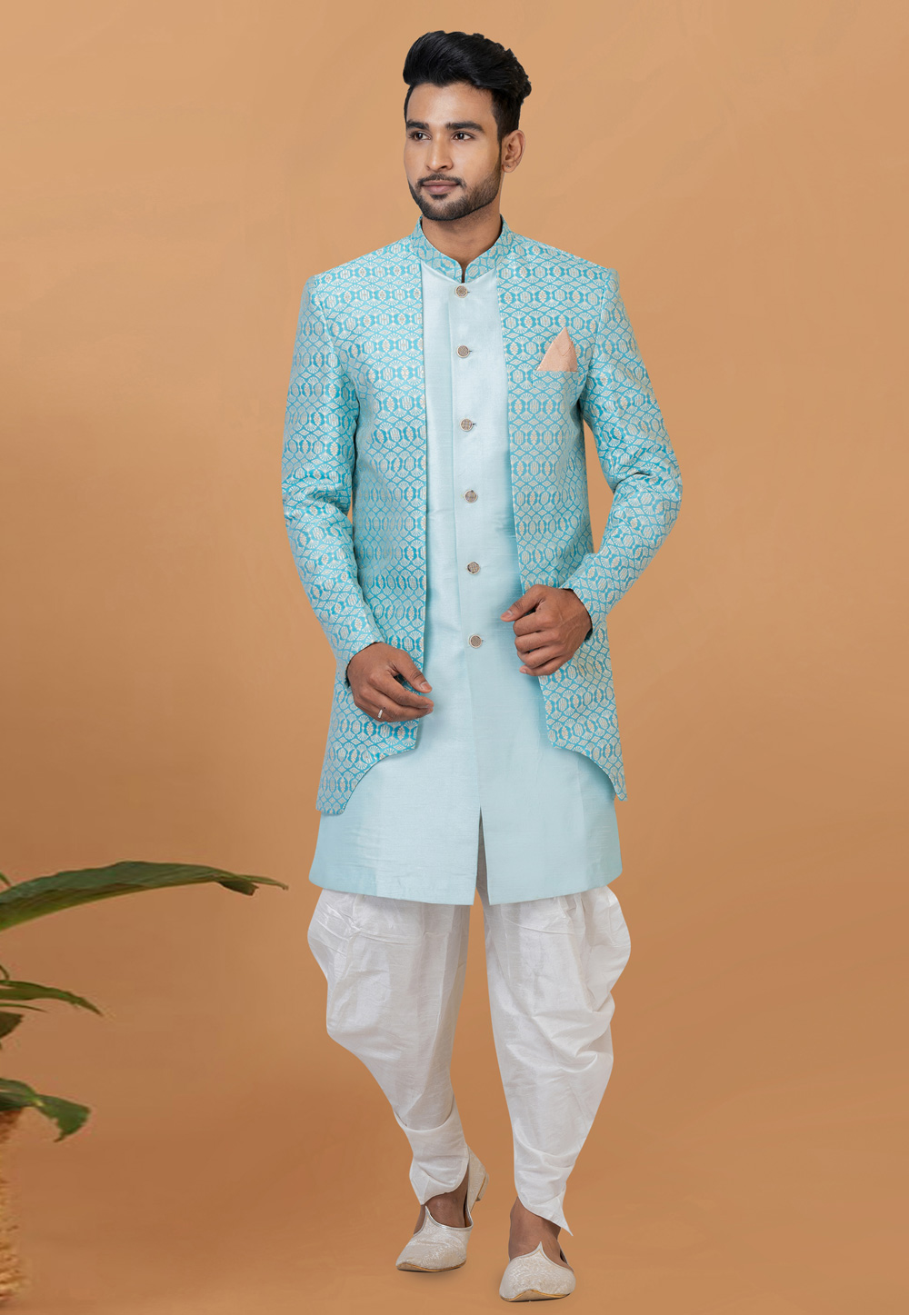 Sky Blue Jacquard Silk Dhoti Sherwani 273082