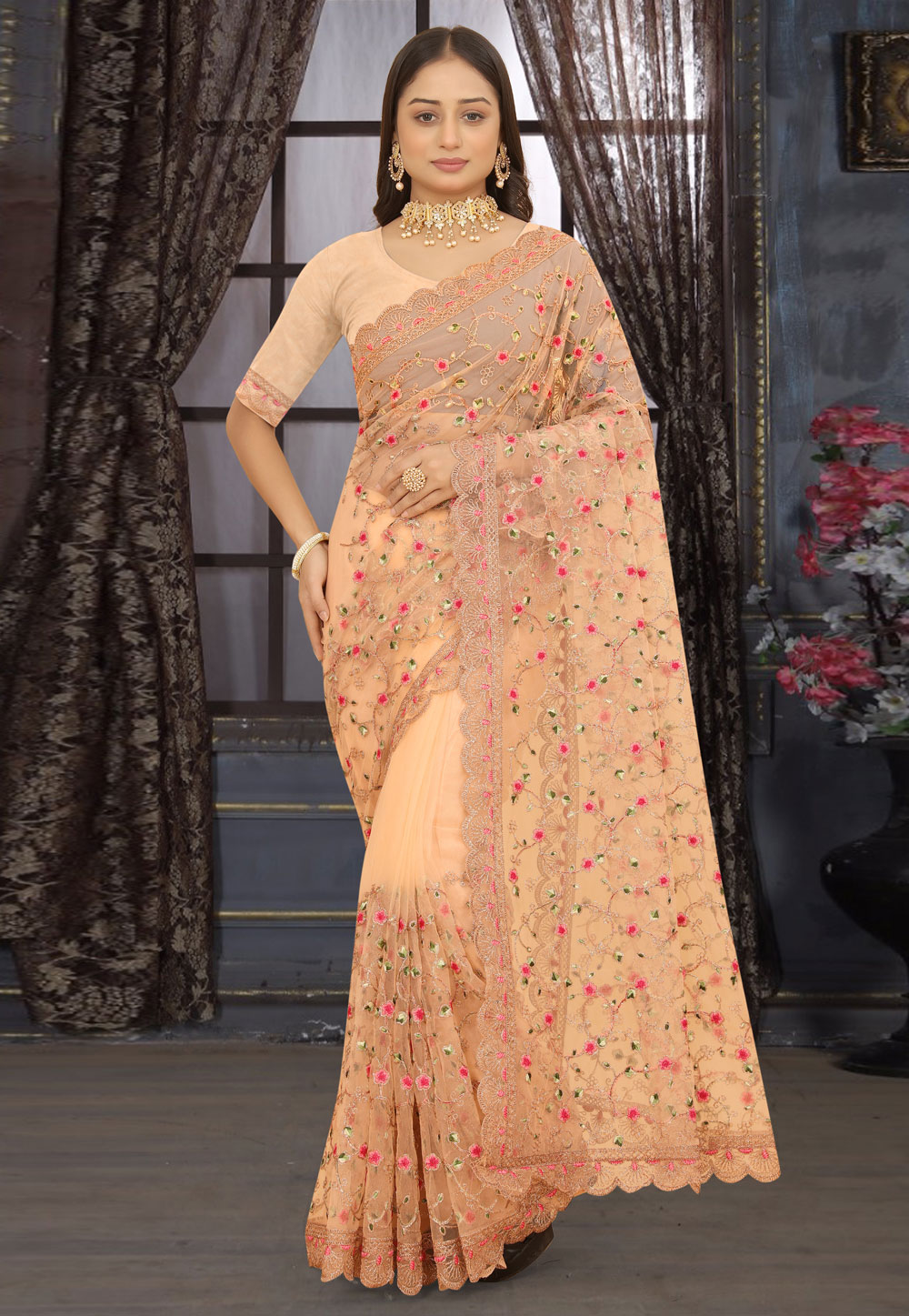 Peach Net Saree With Blouse 273377