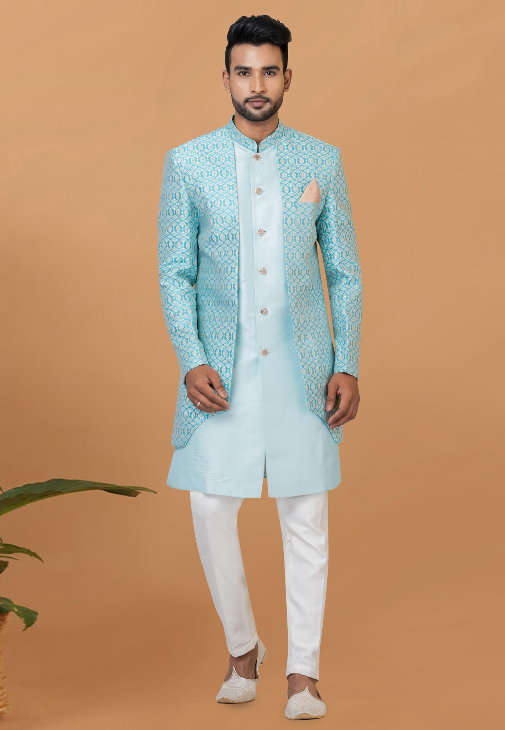 Sky Blue Jacquard Silk Indo Western Sherwani 273083