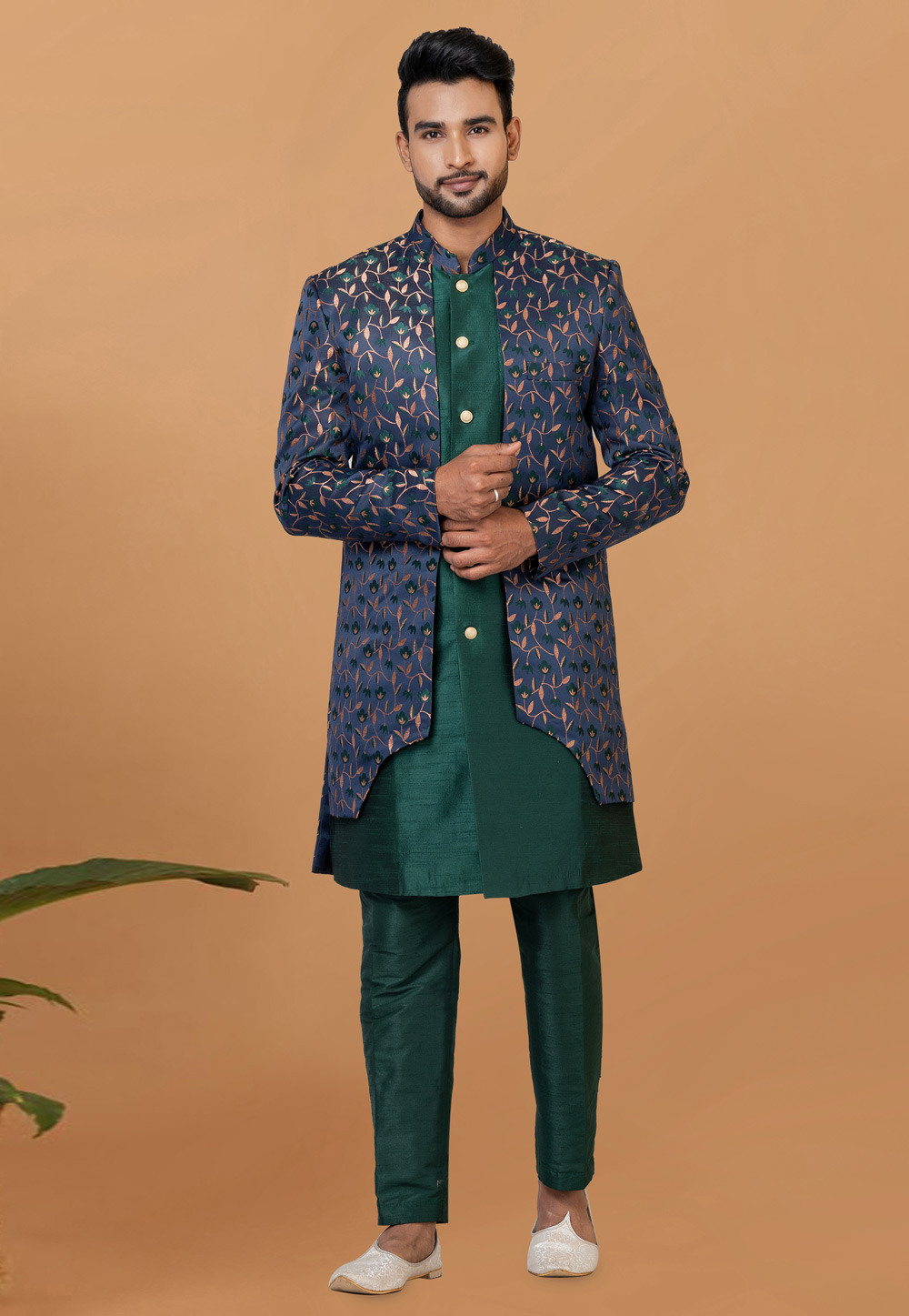 Green Jacquard Silk Indo Western Sherwani 273085