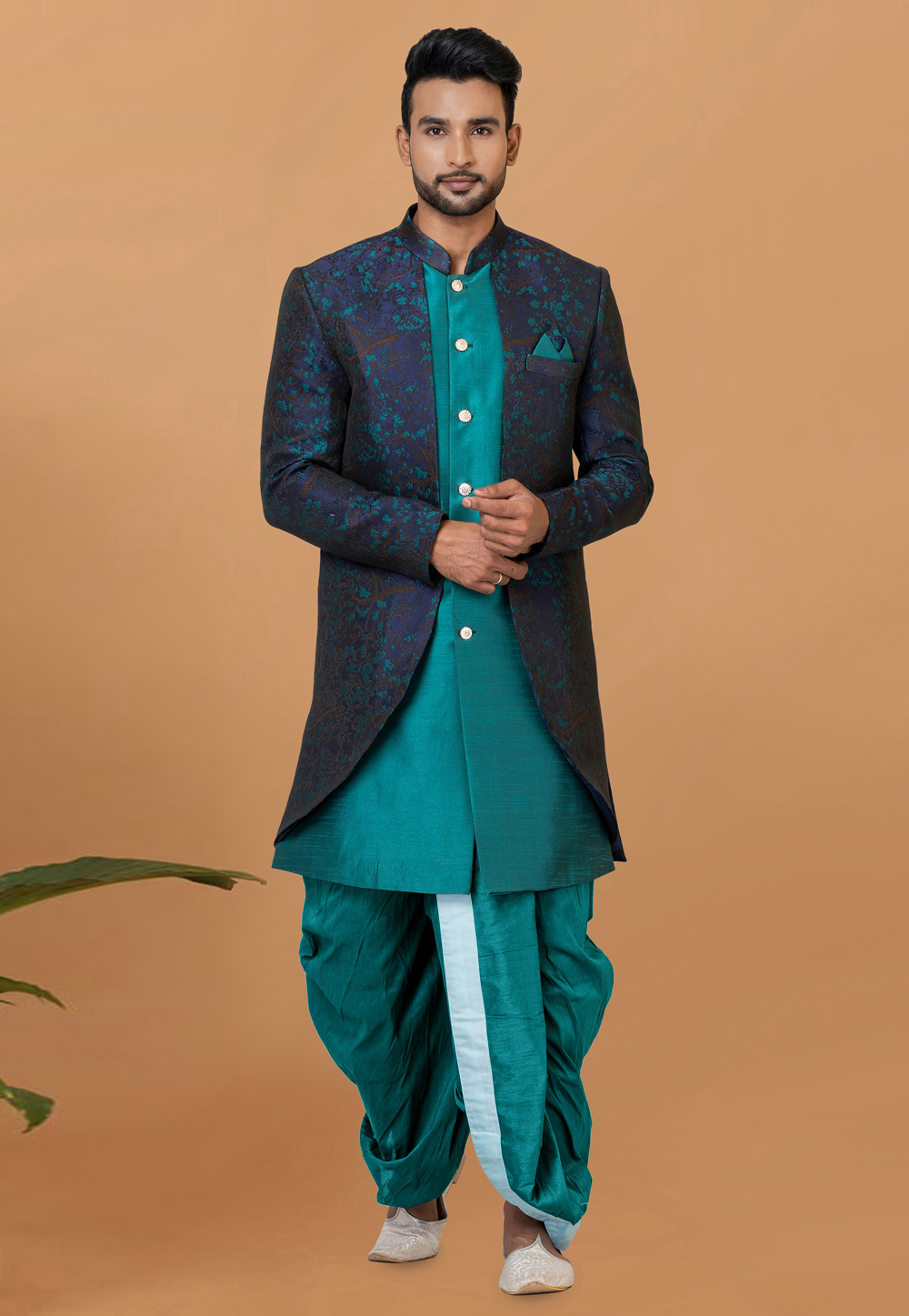 Teal Jacquard Silk Dhoti Sherwani 273087