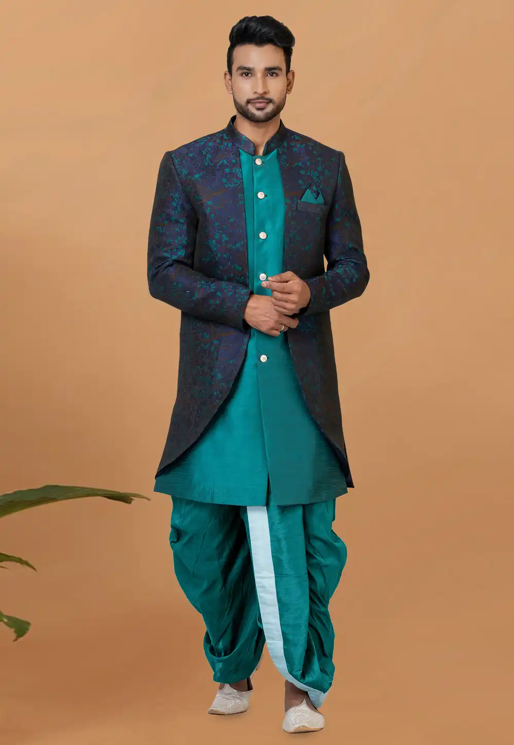 Teal Jacquard Silk Dhoti Sherwani 273087