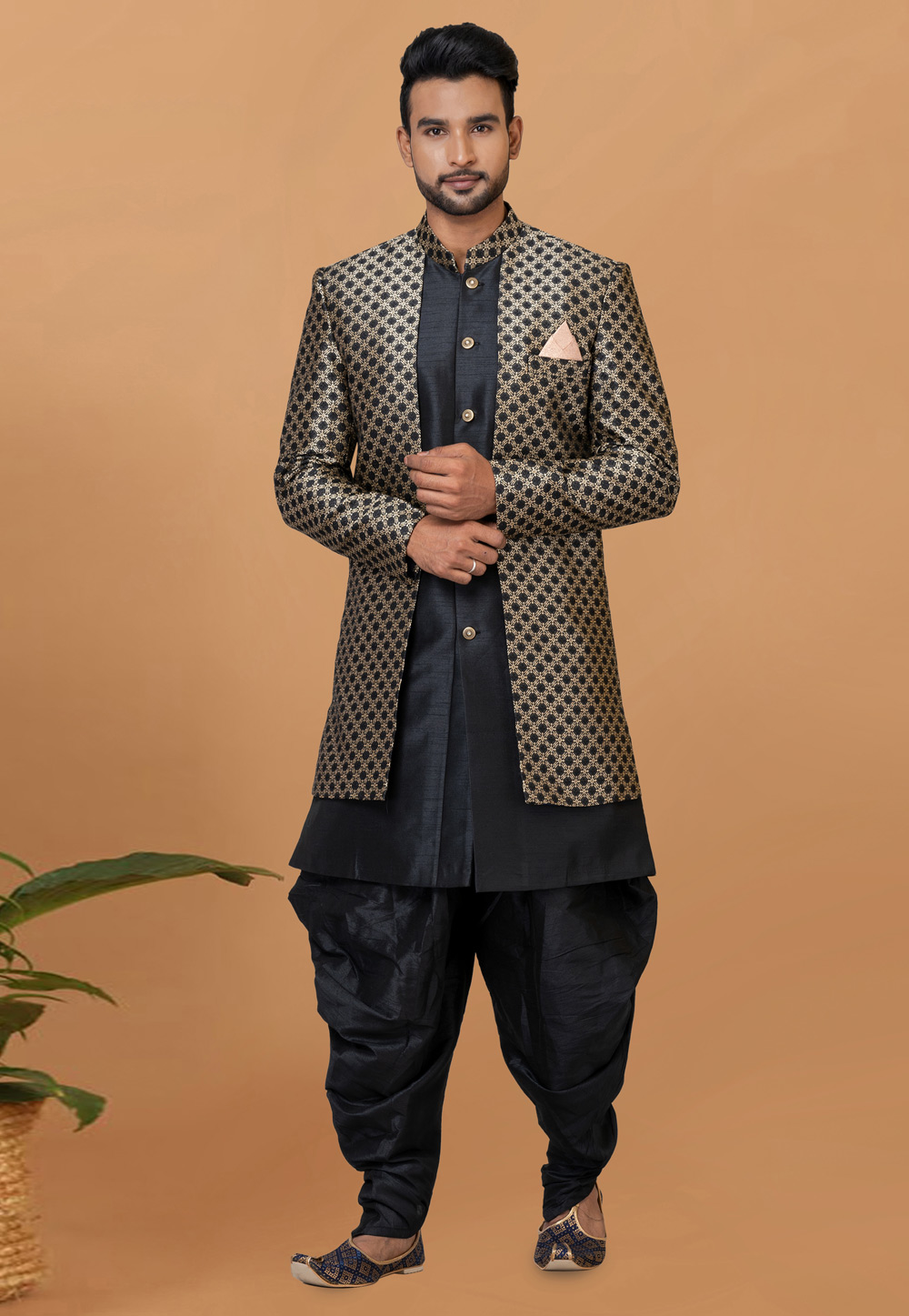 Black Jacquard Silk Dhoti Sherwani 273088