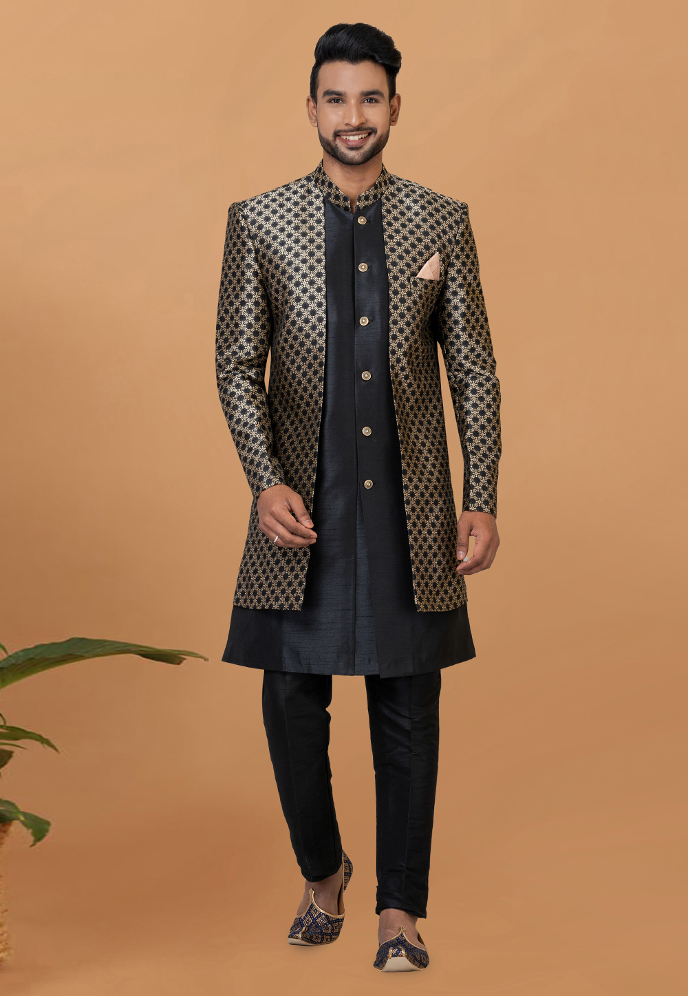 Black Jacquard Silk Indo Western Sherwani 273089