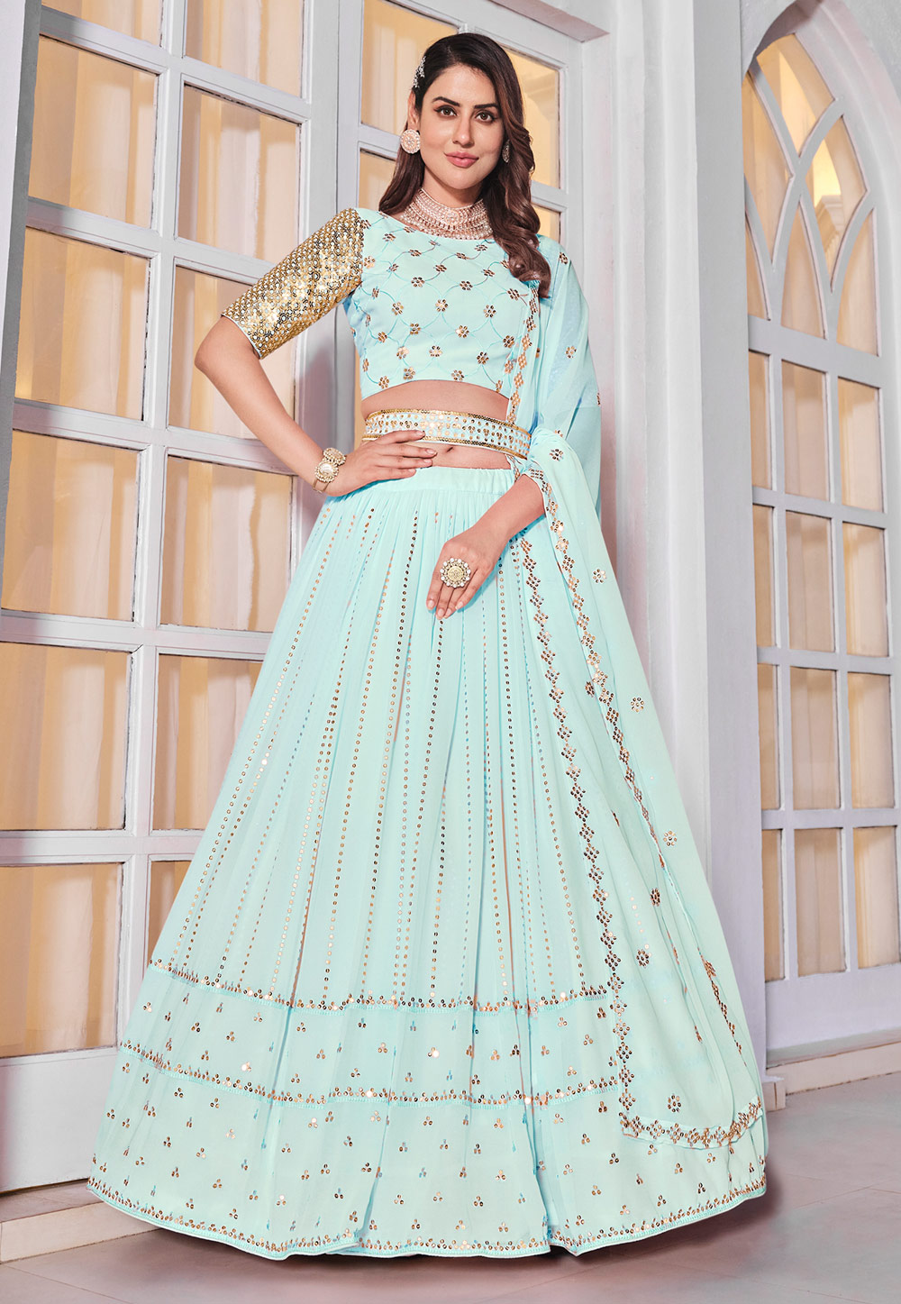 Sky Blue Georgette A Line Lehenga Choli 259661