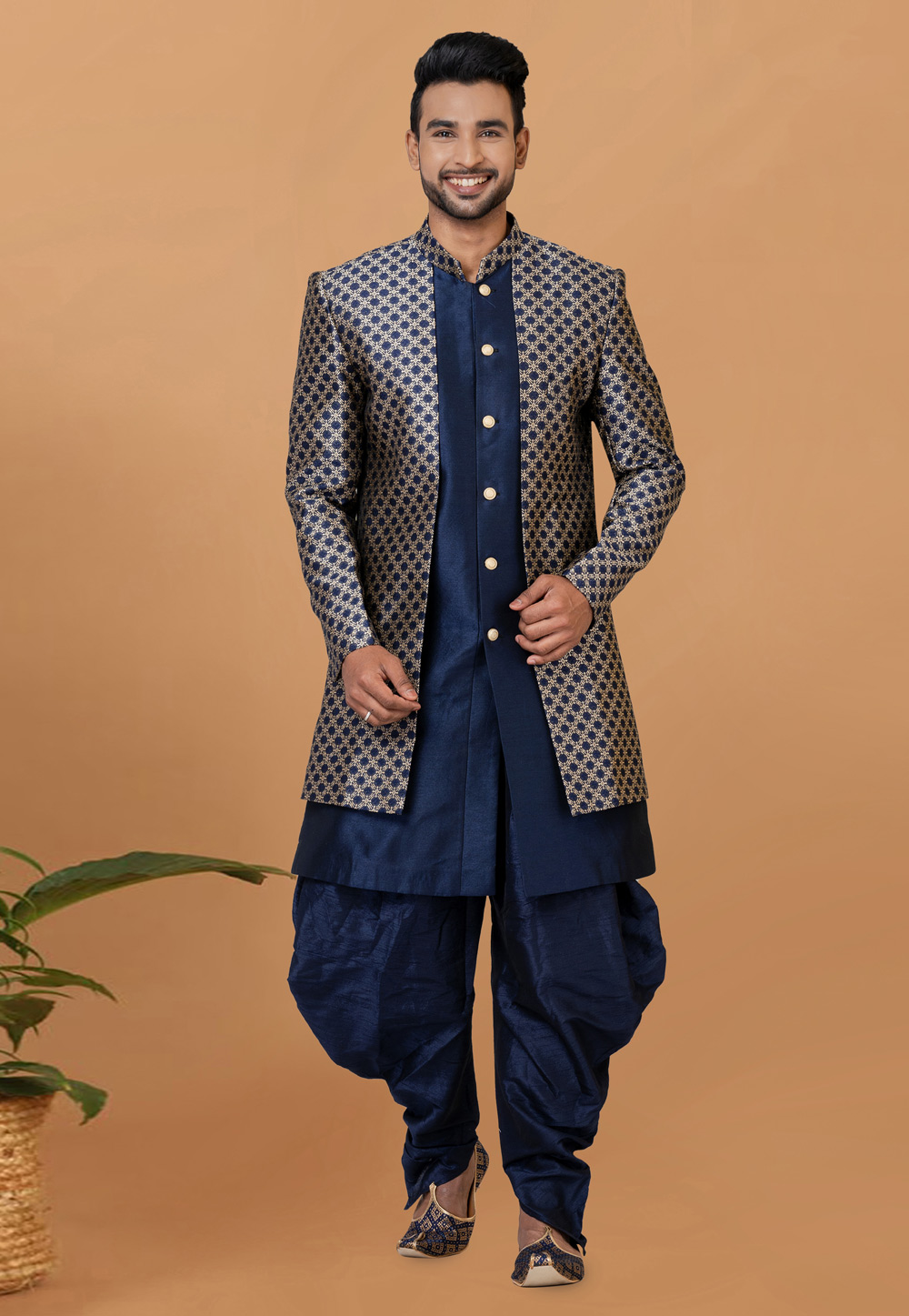 Navy Blue Jacquard Silk Dhoti Sherwani 273091