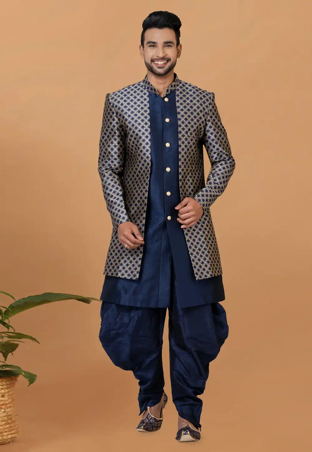 Navy Blue Jacquard Silk Dhoti Sherwani 273091