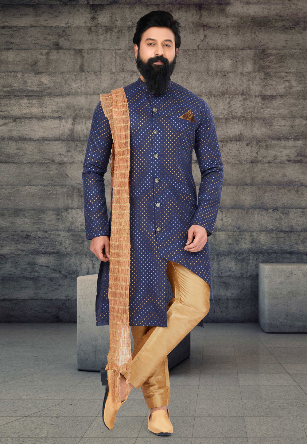 Navy Blue Cotton Silk Indo Western Sherwani 263583