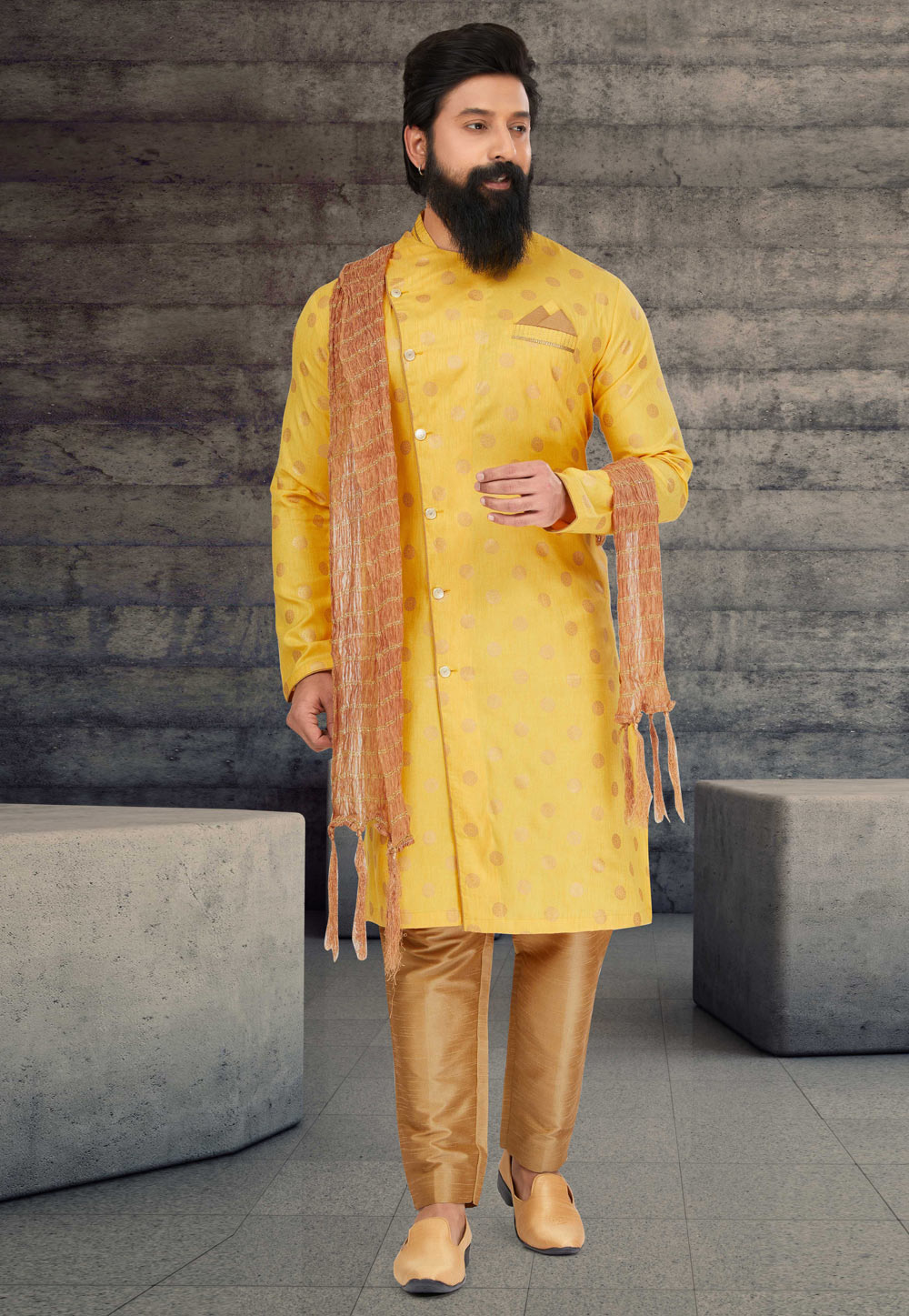 Yellow Cotton Silk Indo Western Sherwani 263584
