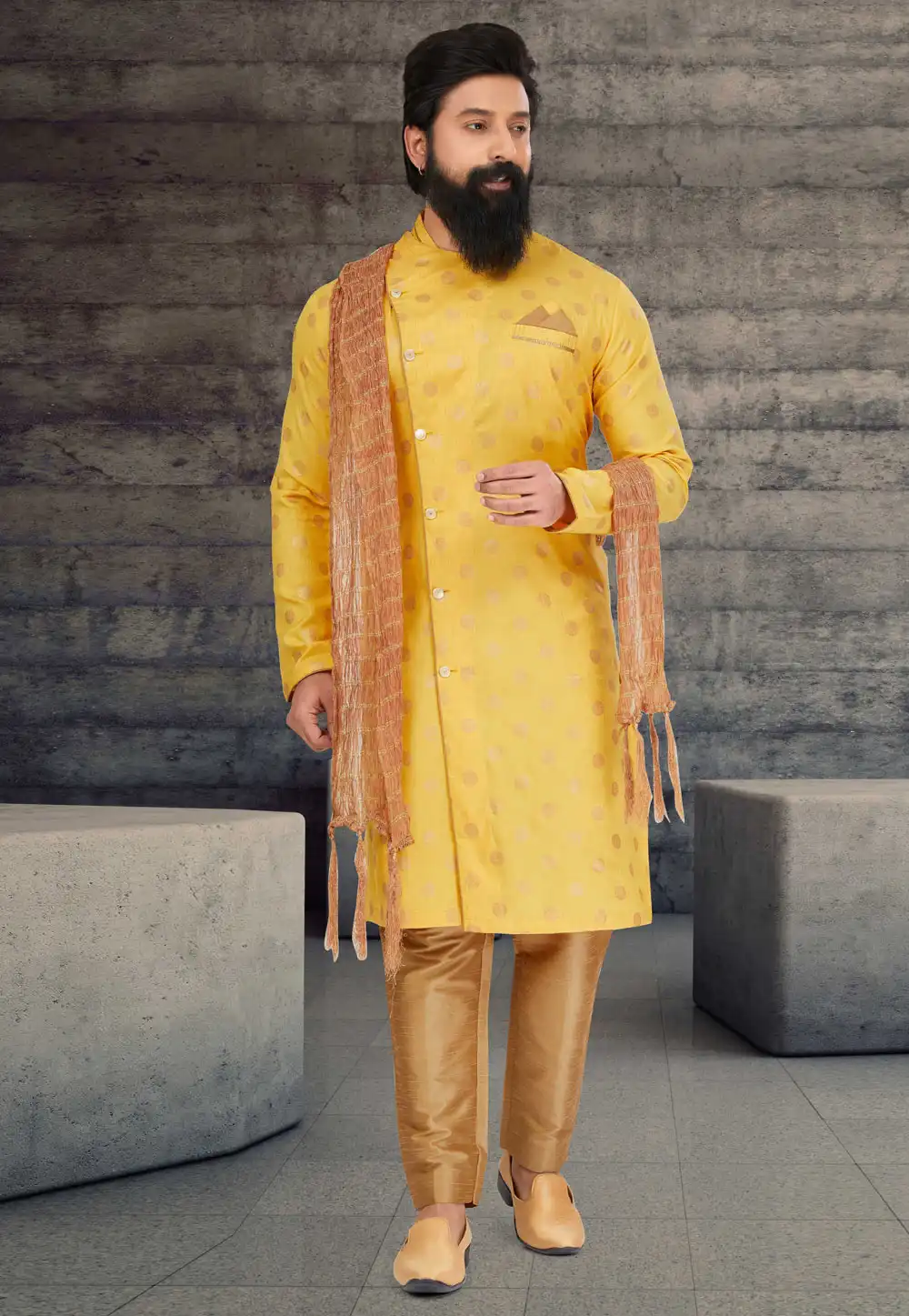 Yellow Cotton Silk Indo Western Sherwani 263584