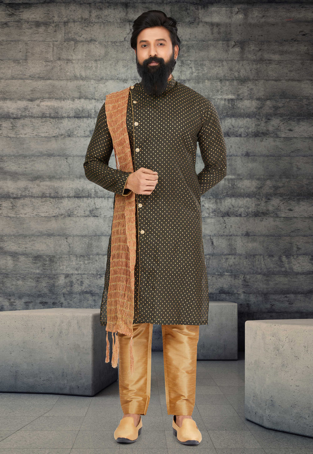 Camo Green Cotton Silk Indo Western Sherwani 263585