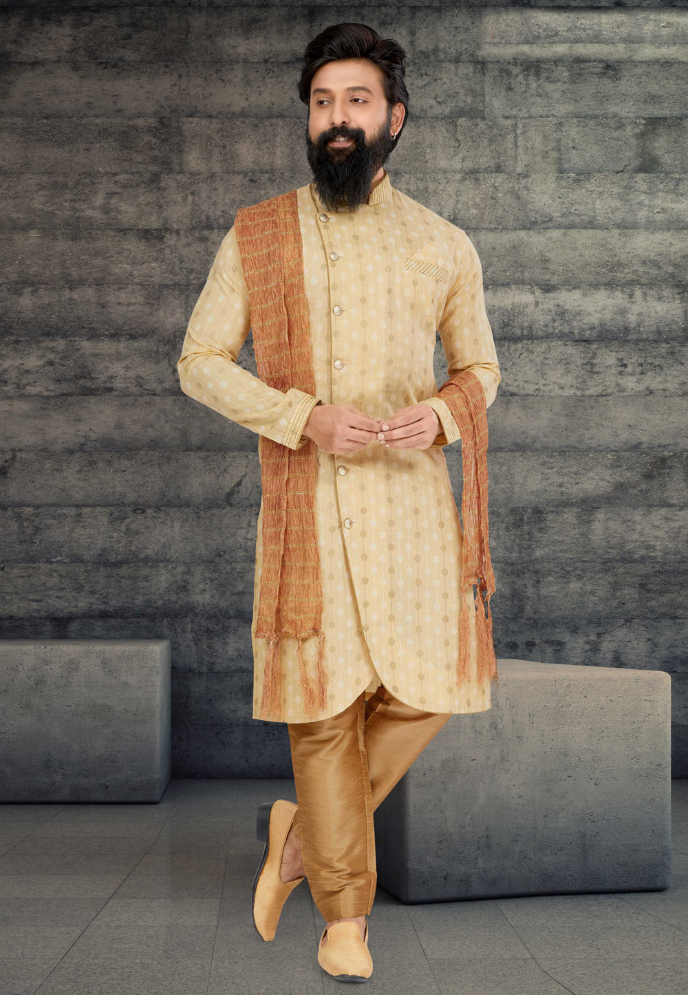 Beige Cotton Silk Indo Western Sherwani 263586