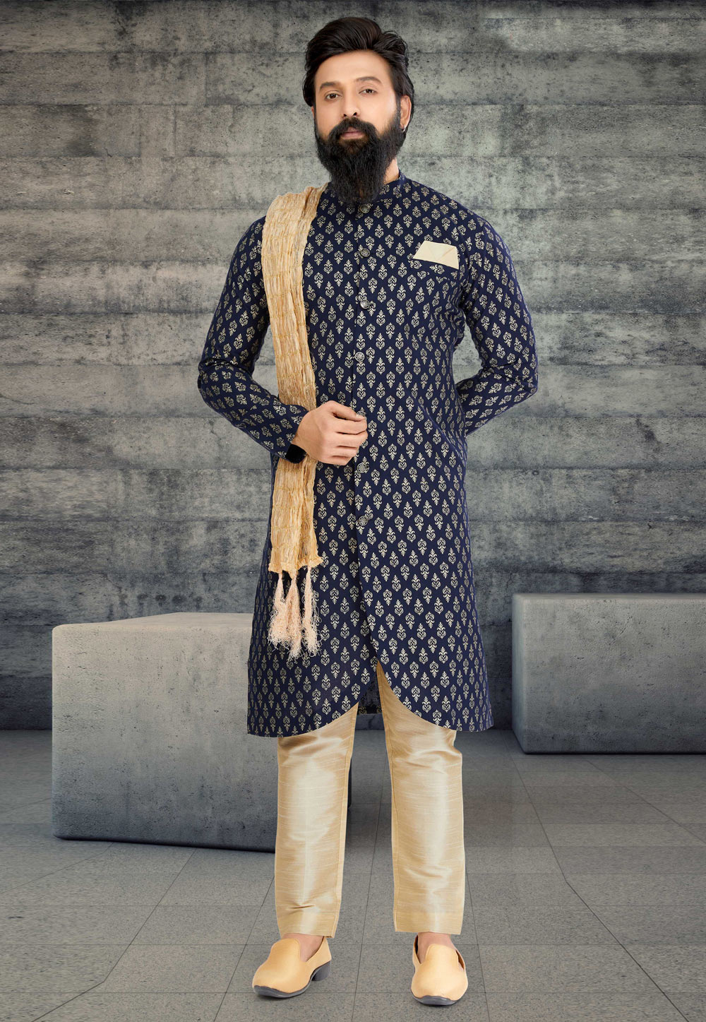 Navy Blue Cotton Silk Indo Western Sherwani 263591