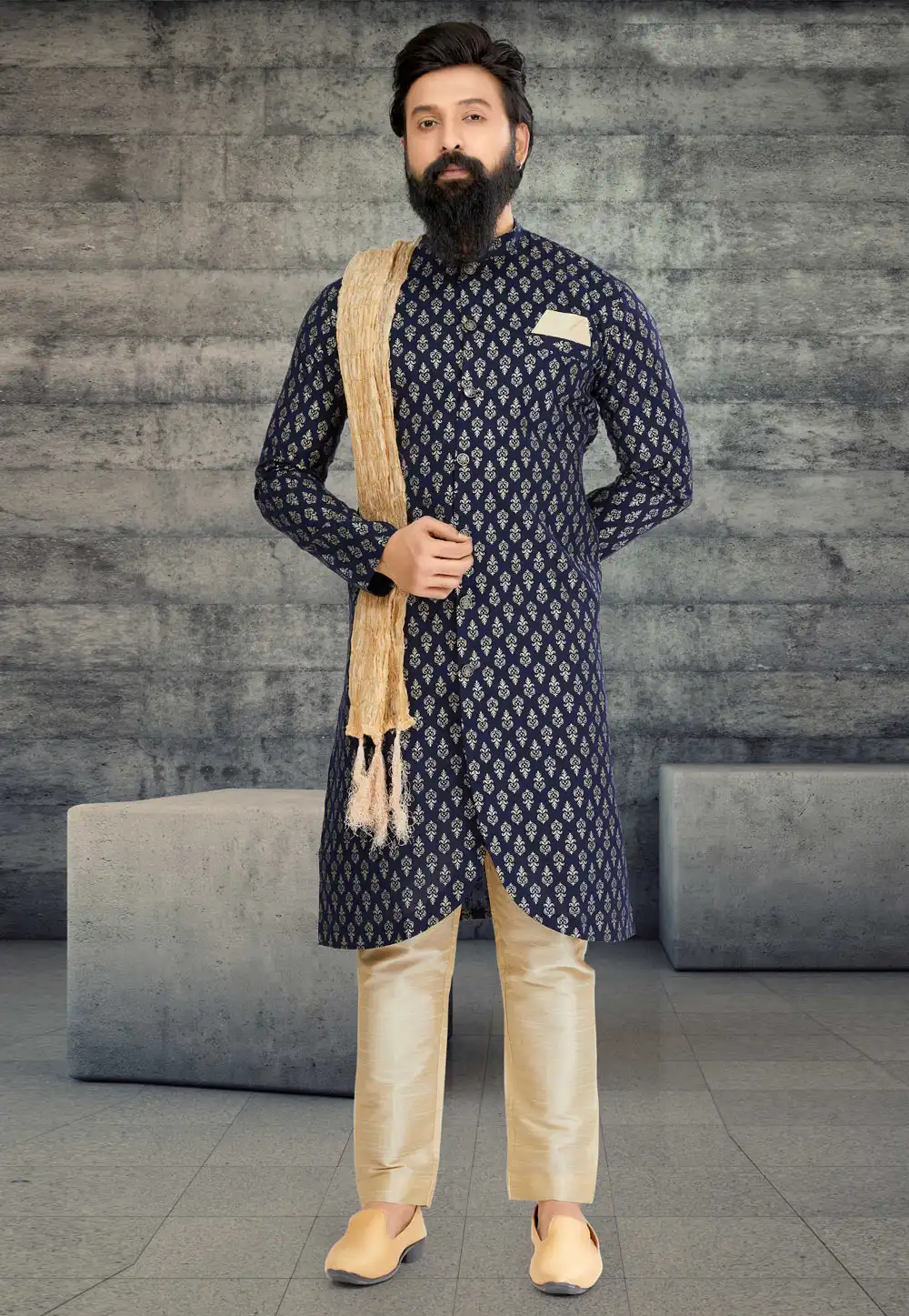 Navy Blue Cotton Silk Indo Western Sherwani 263591