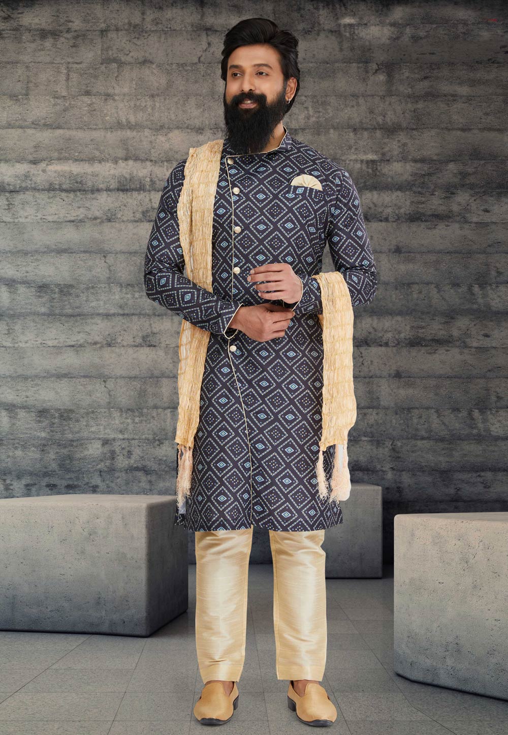 Navy Blue Cotton Silk Indo Western Sherwani 263592