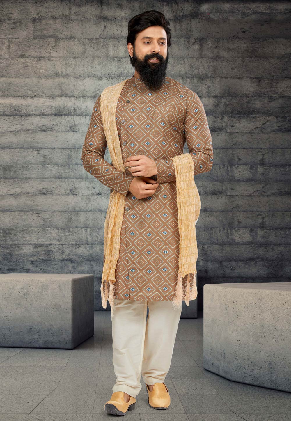 Brown Cotton Silk Indo Western Sherwani 263593