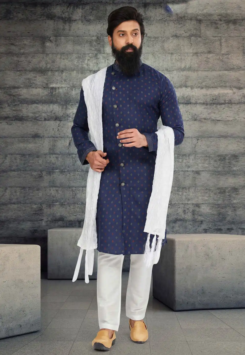 Navy Blue Cotton Silk Indo Western Sherwani 263594
