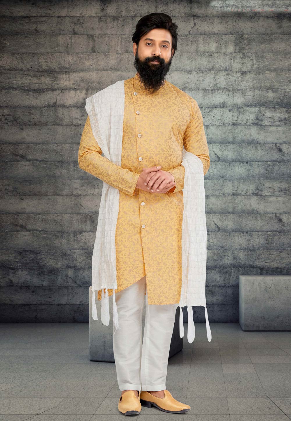 Golden Cotton Silk Indo Western Sherwani 263595