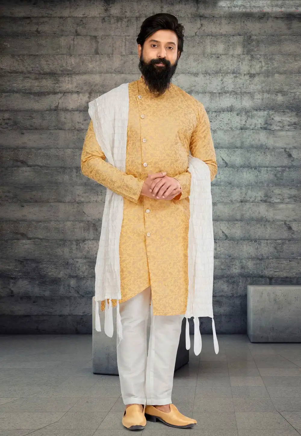 Golden Cotton Silk Indo Western Sherwani 263595
