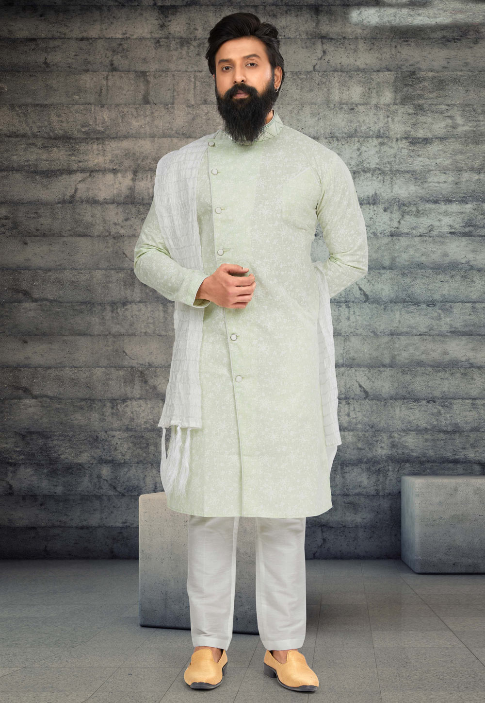 Pista Green Cotton Silk Indo Western Sherwani 263596