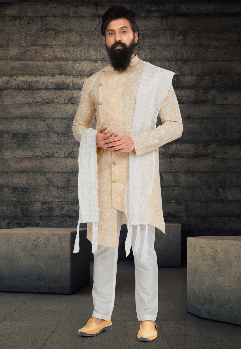 Beige Cotton Silk Indo Western Sherwani 263597