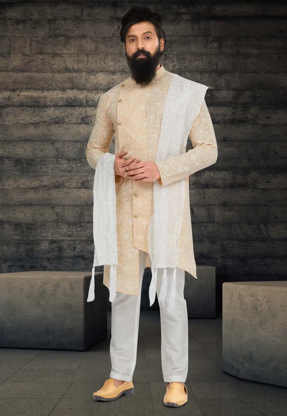 Beige Cotton Silk Indo Western Sherwani 263597