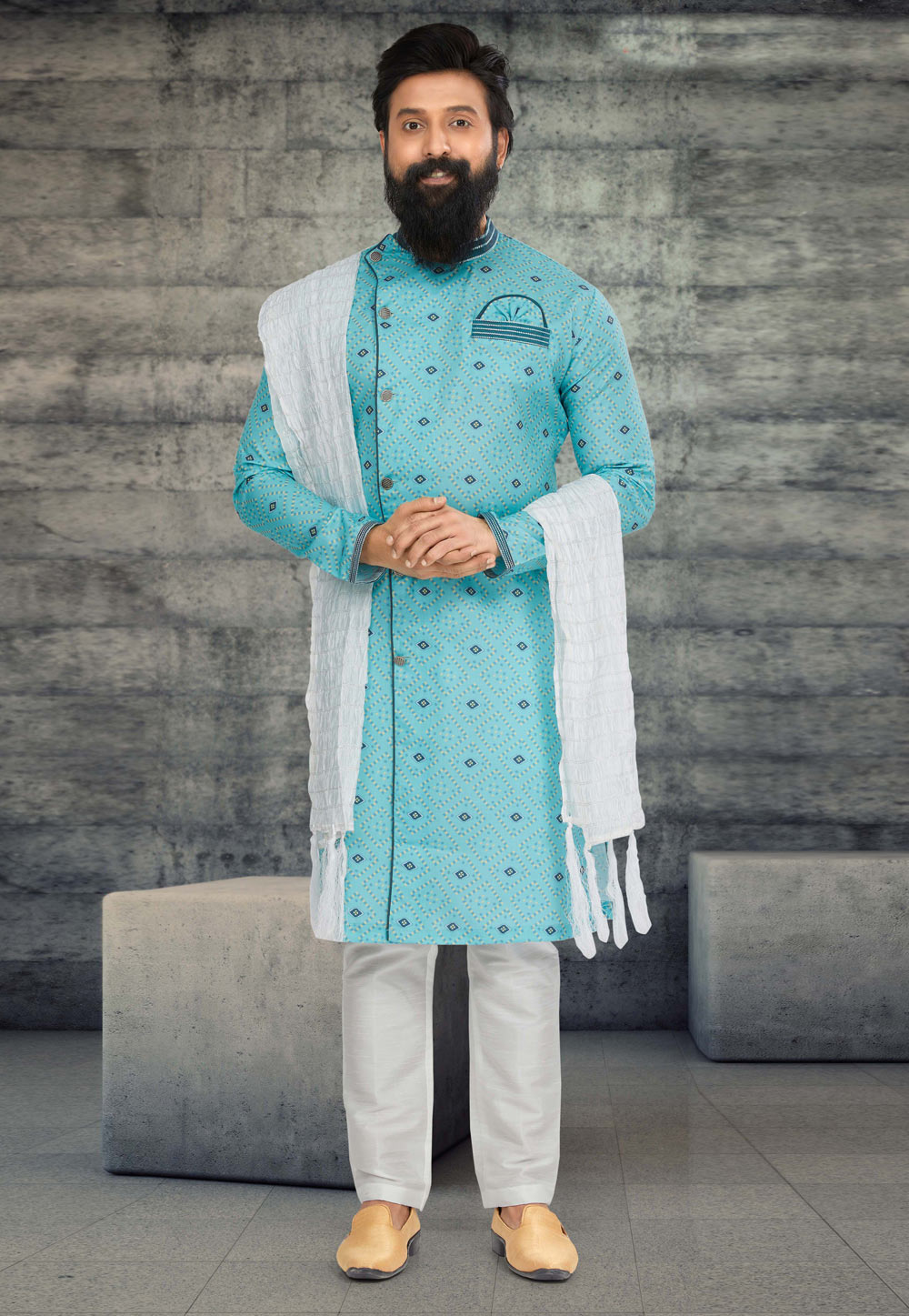 Turquoise Cotton Silk Indo Western Sherwani 263598