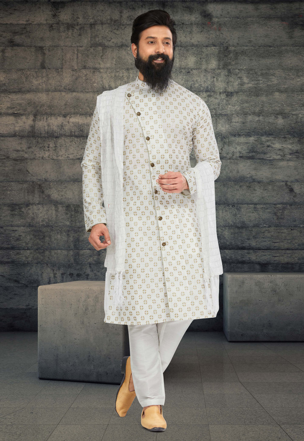 Off White Cotton Silk Indo Western Sherwani 263599