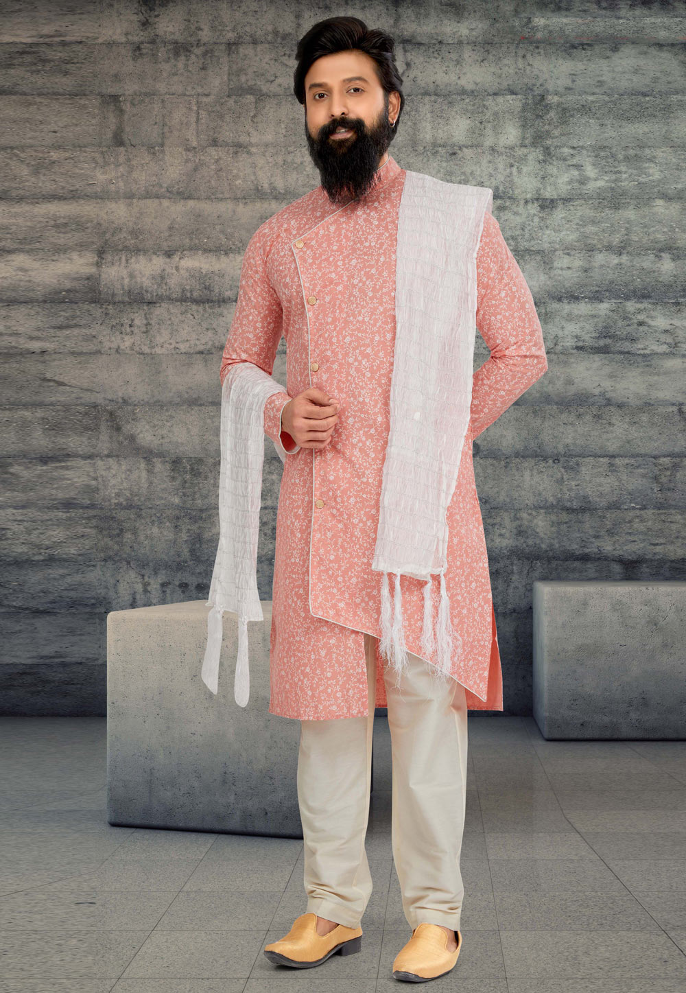 Peach Cotton Silk Indo Western Sherwani 263600