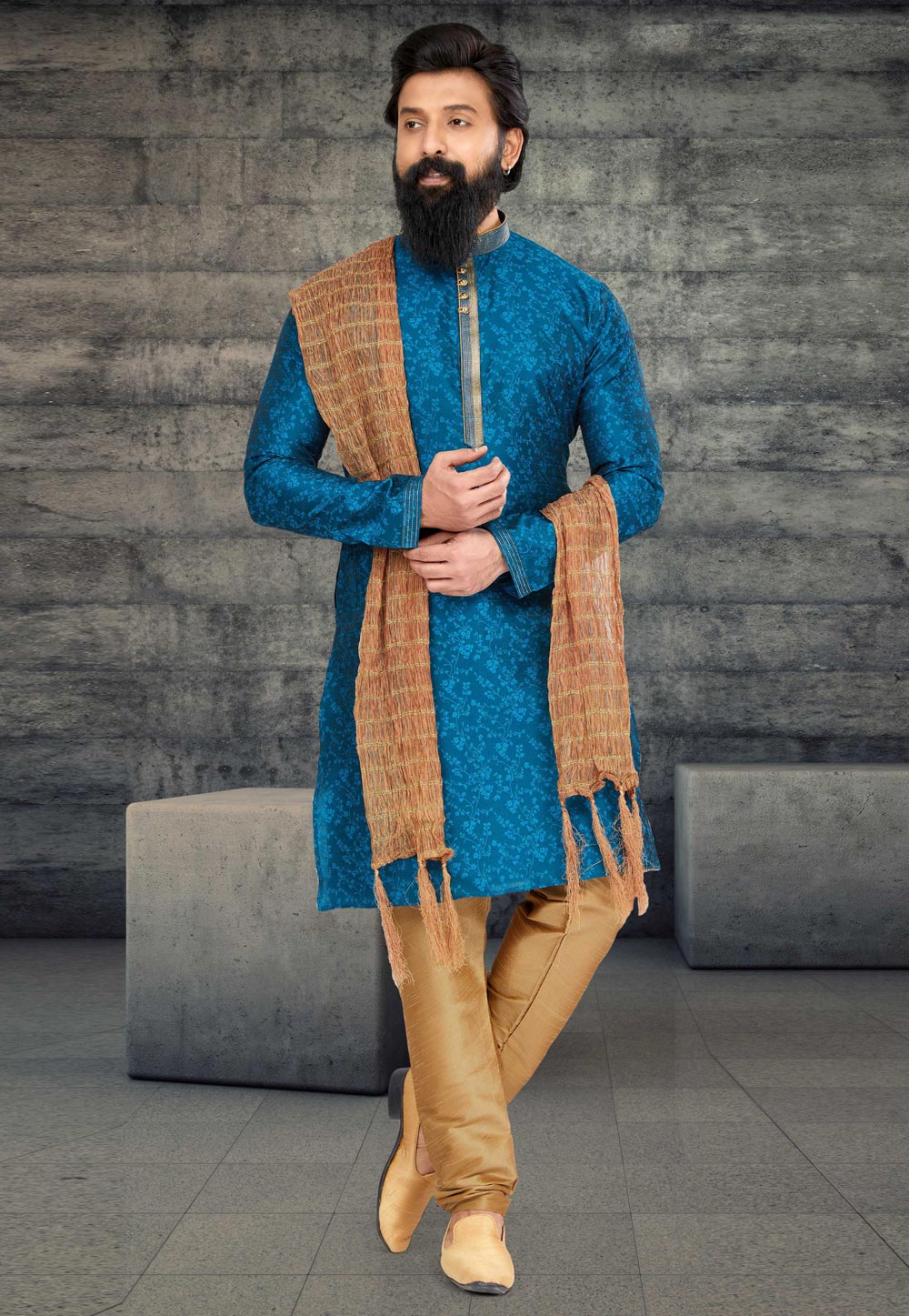 Teal Jacquard Kurta Pajama 263609