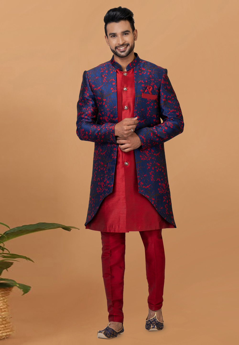 Red Jacquard Silk Indo Western Sherwani 273092