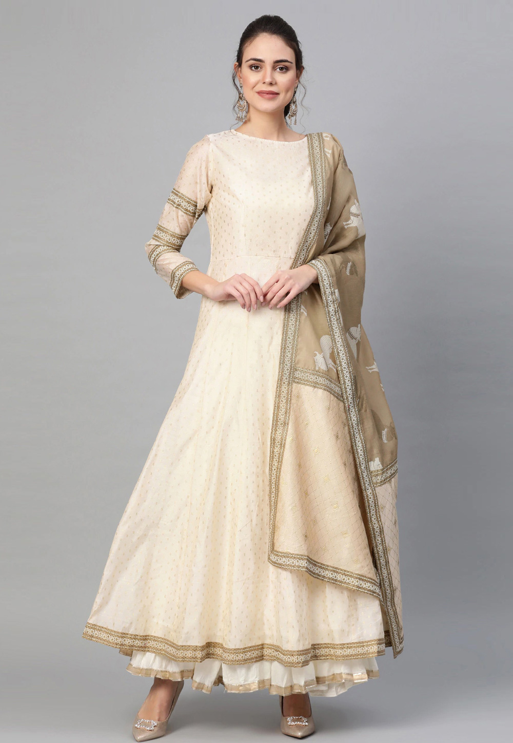 Cream Chanderi Readymade Anarkali Suit 221724