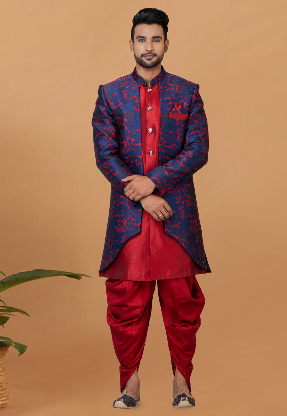 Red Jacquard Silk Dhoti Sherwani 273093