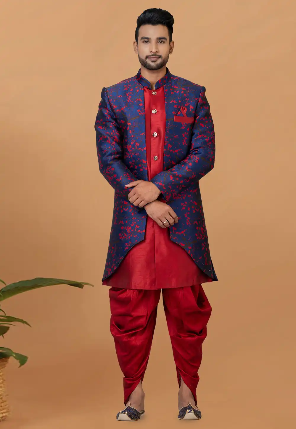 Red Jacquard Silk Dhoti Sherwani 273093