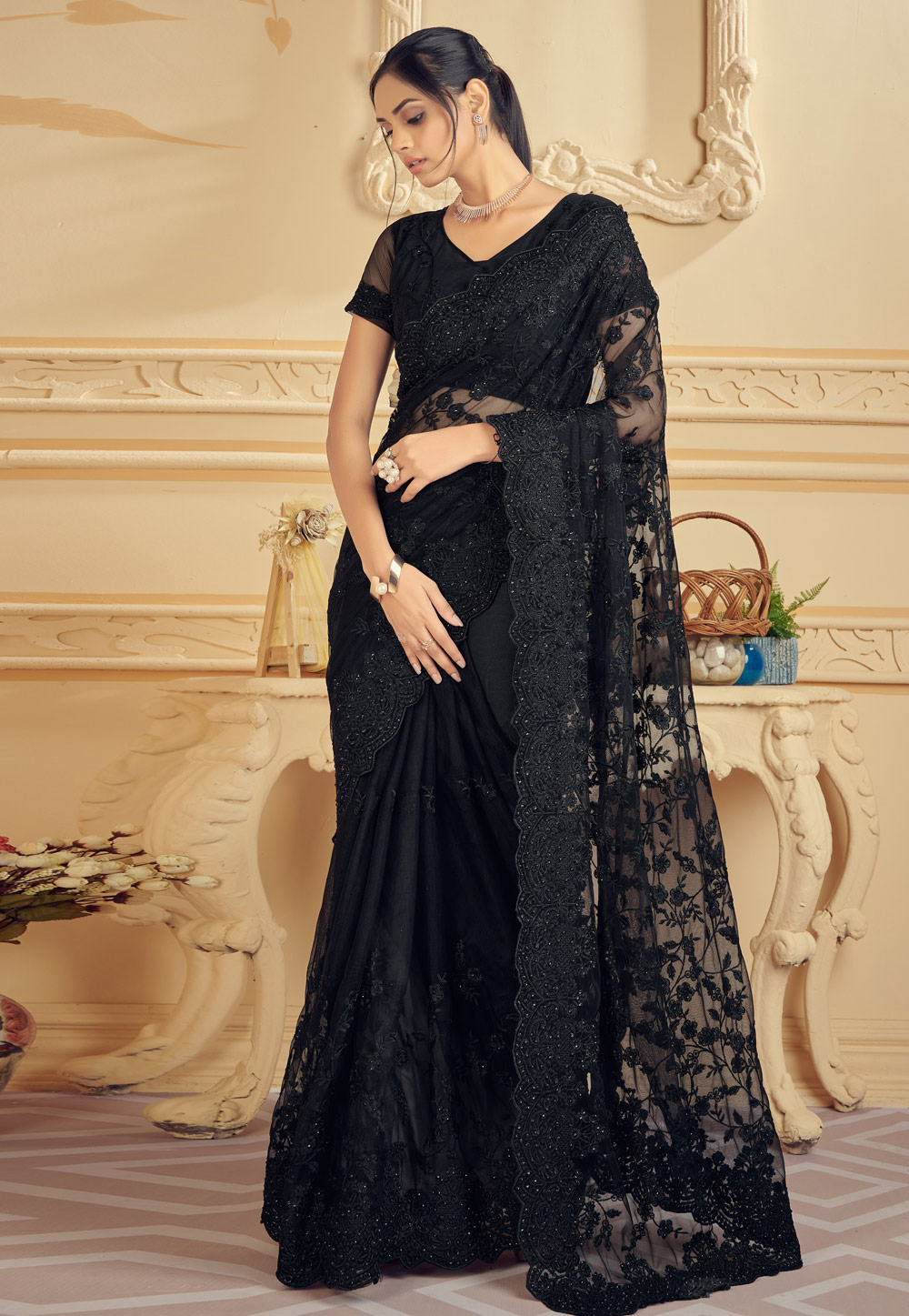 Black Net Saree With Blouse 256377