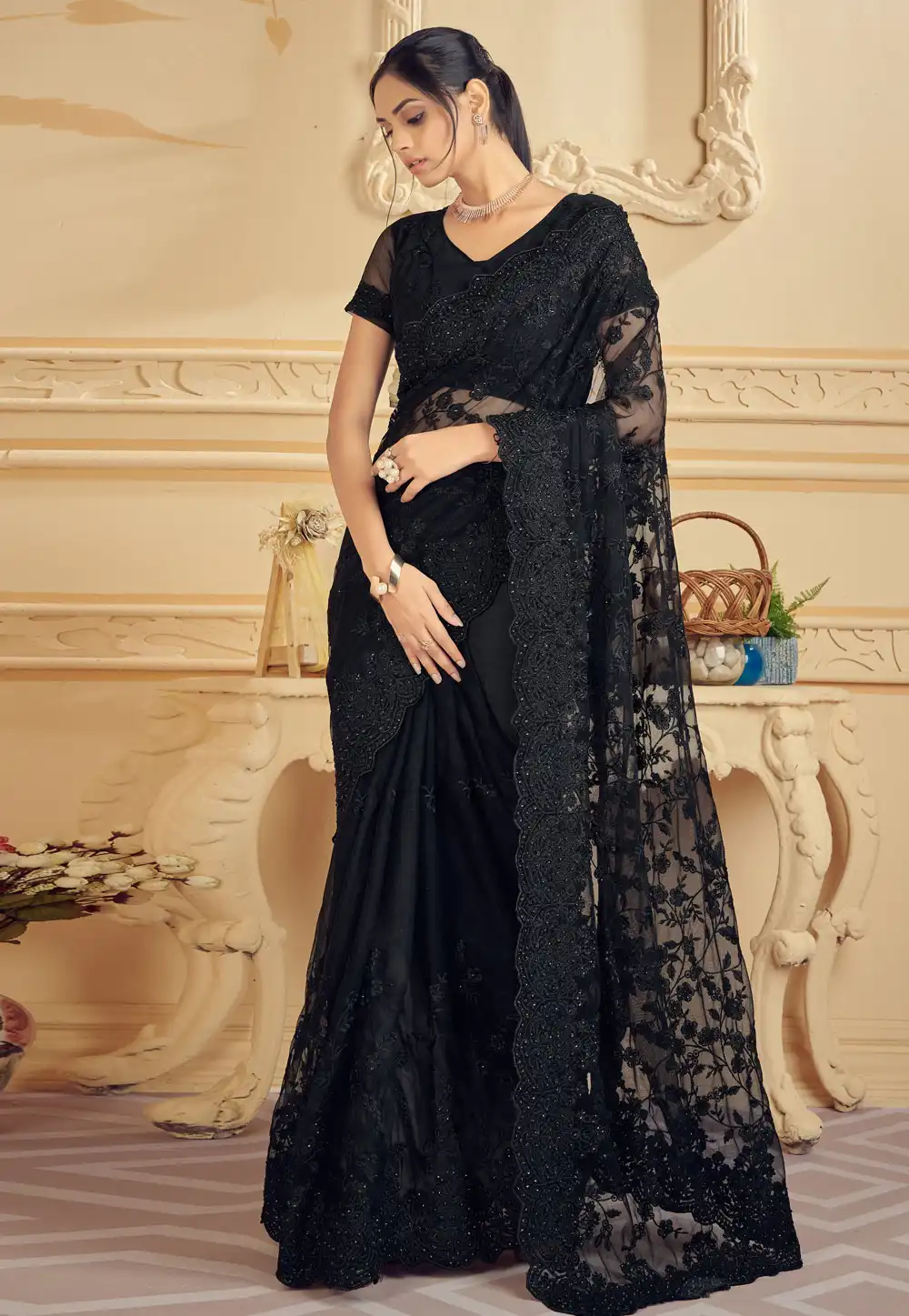 Black Net Saree With Blouse 256377