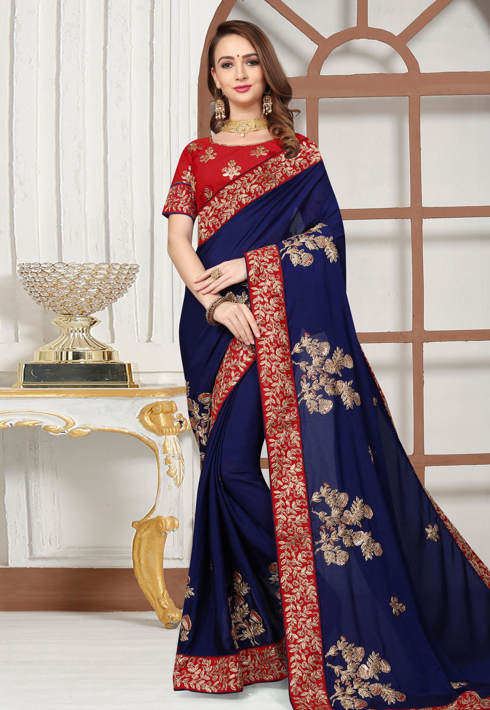 Navy Blue Satin Embroidered Festival Wear Saree 166366