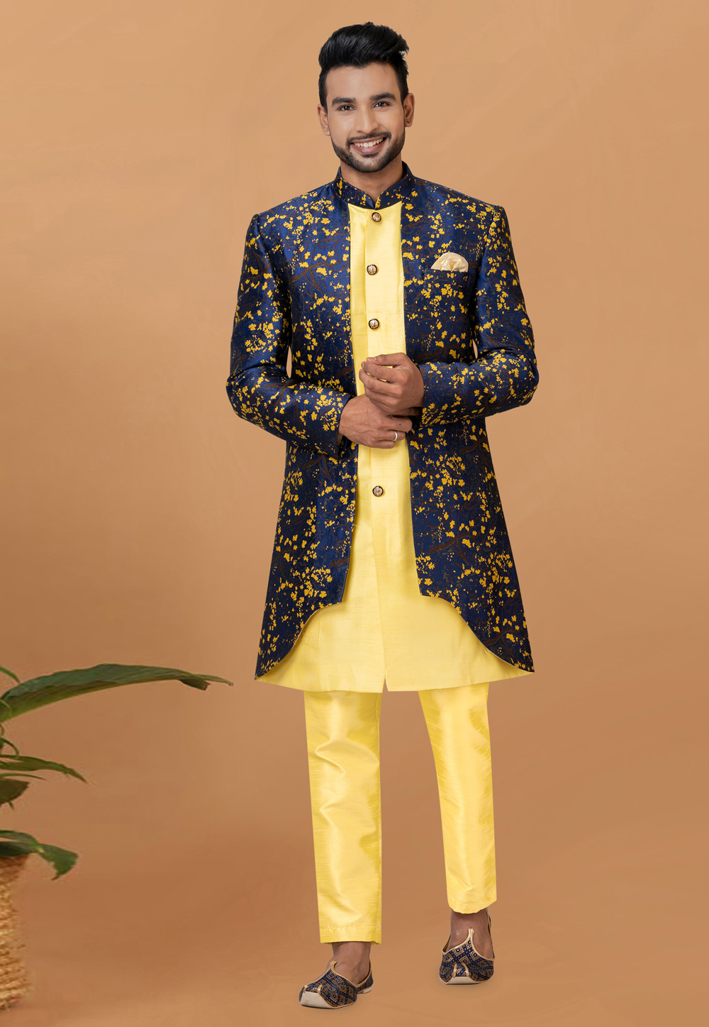 Yellow Jacquard Silk Indo Western Sherwani 273094