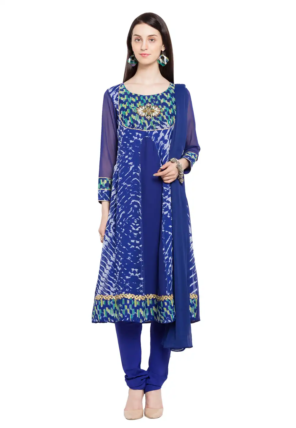 Blue Faux Georgette Readymade Churidar Suit 230369