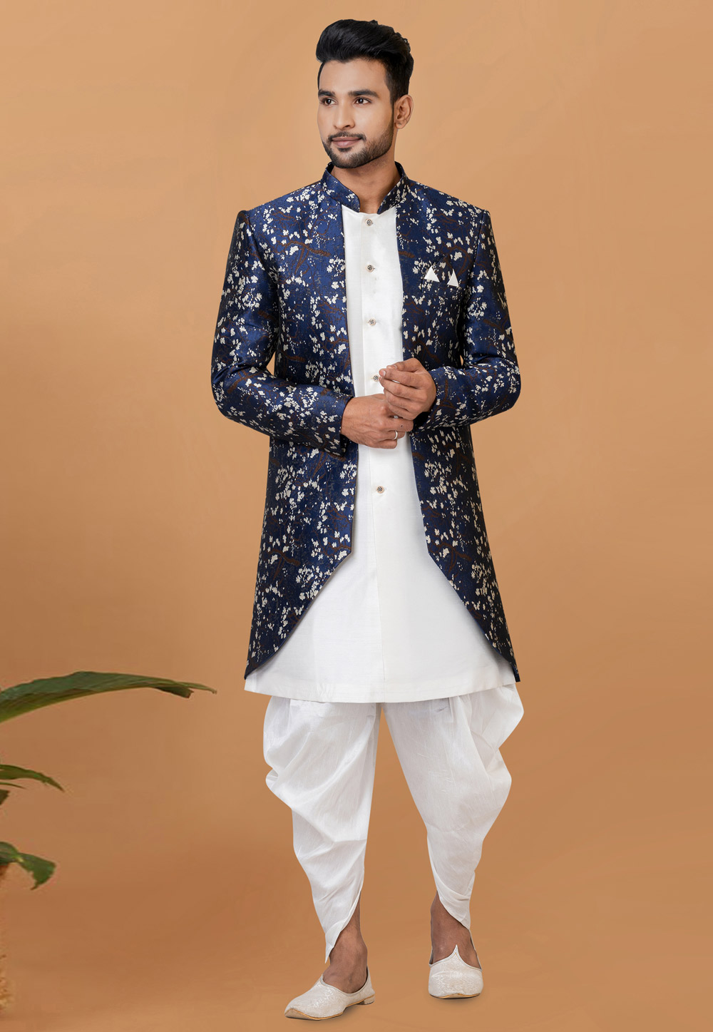 White Jacquard Silk Dhoti Sherwani 273096