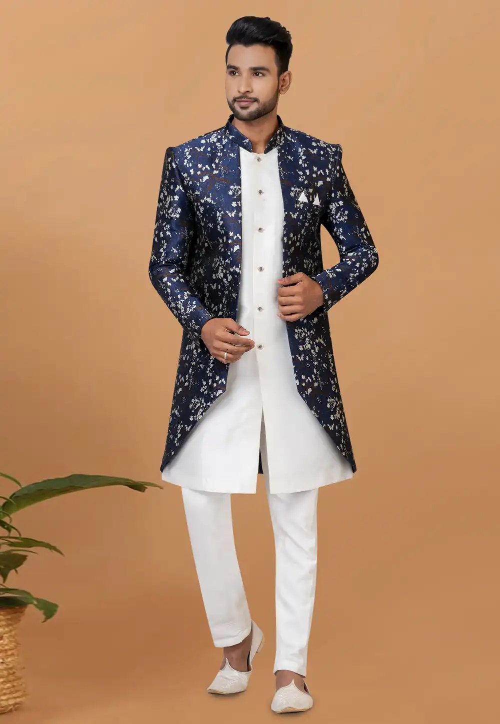 White Jacquard Silk Indo Western Sherwani 273097