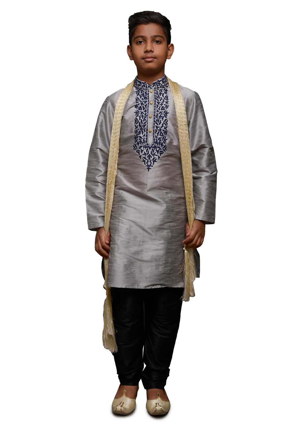 Grey Dupion Silk Kids Kurta Pajama 278108