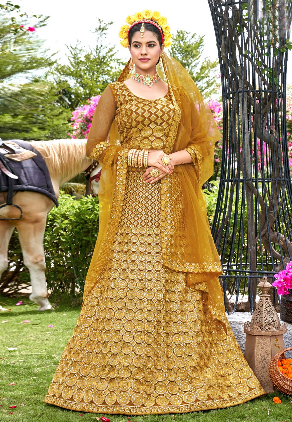 Mustard Net A Line Lehenga Choli 268963