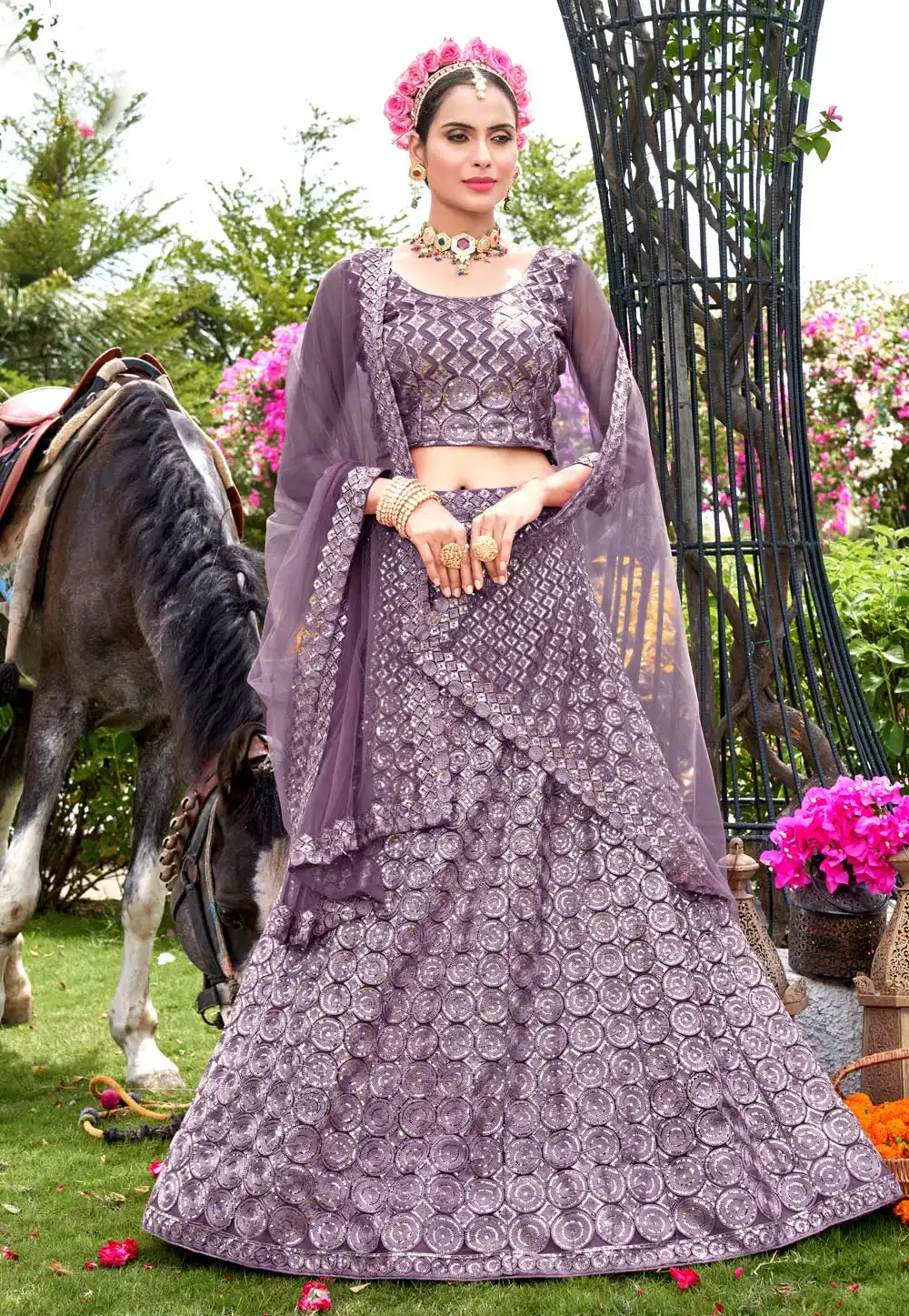 Light Purple Net A Line Lehenga Choli 268964