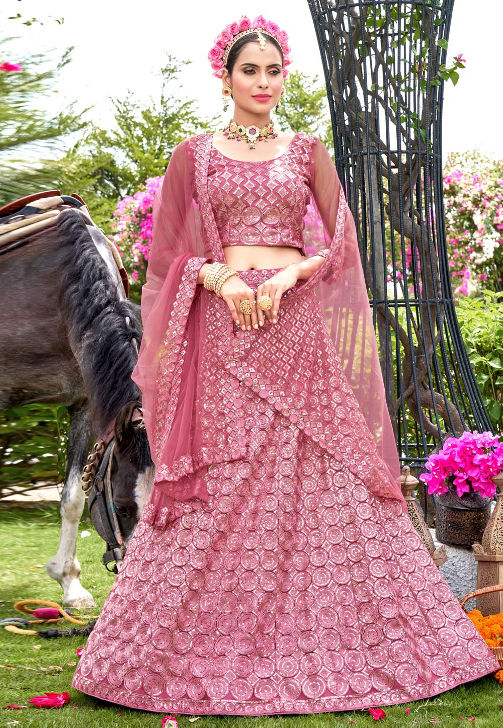 Pink Net A Line Lehenga Choli 268965