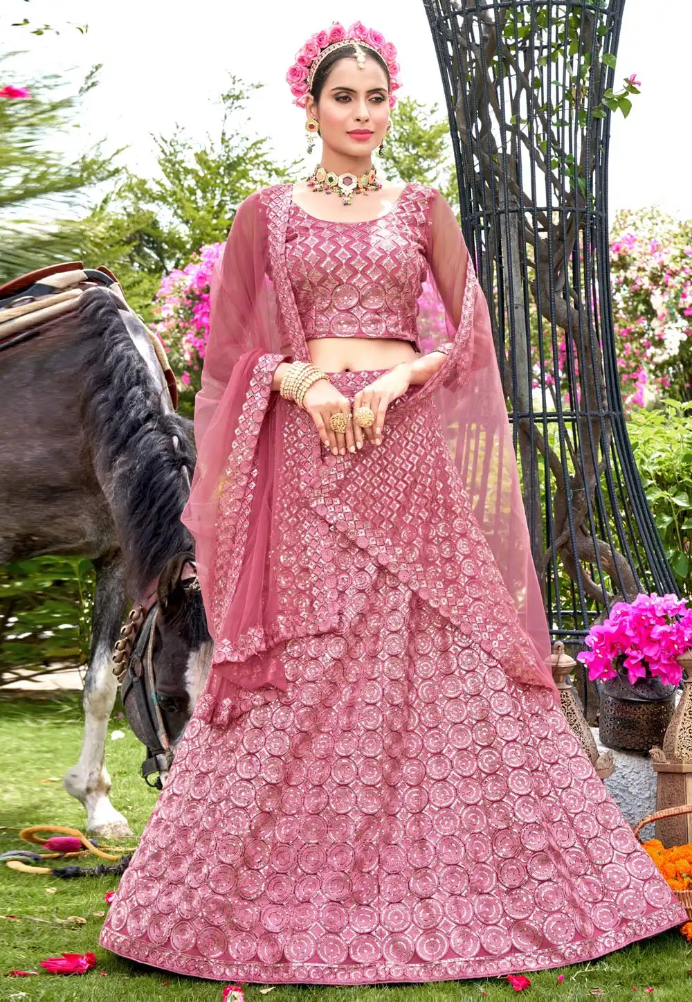 Pink Net A Line Lehenga Choli 268965