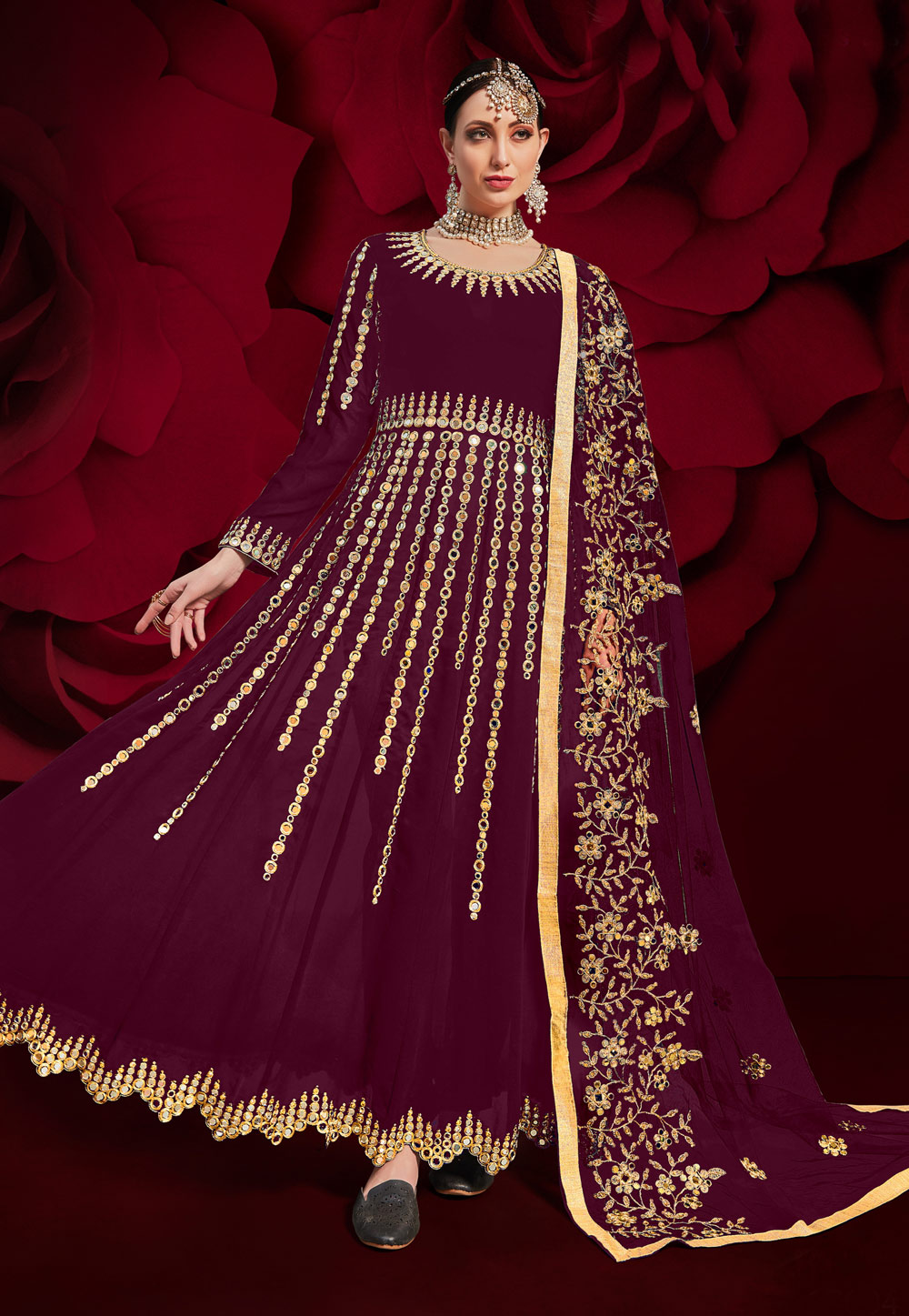 Maroon Georgette Ankle Length Anarkali Suit 227274